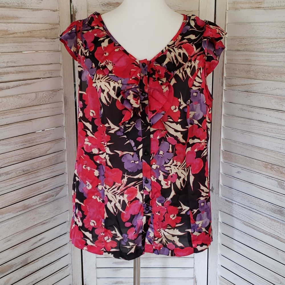 🔥ANN  KLEIN🔥Button Down Cap Sleeve Ruffle Blouse🔥